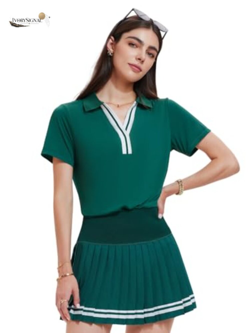 Women 2 Piece Tennis Skirt Set Pleated Golf Outfit Polo V-Neck Athletic Skort